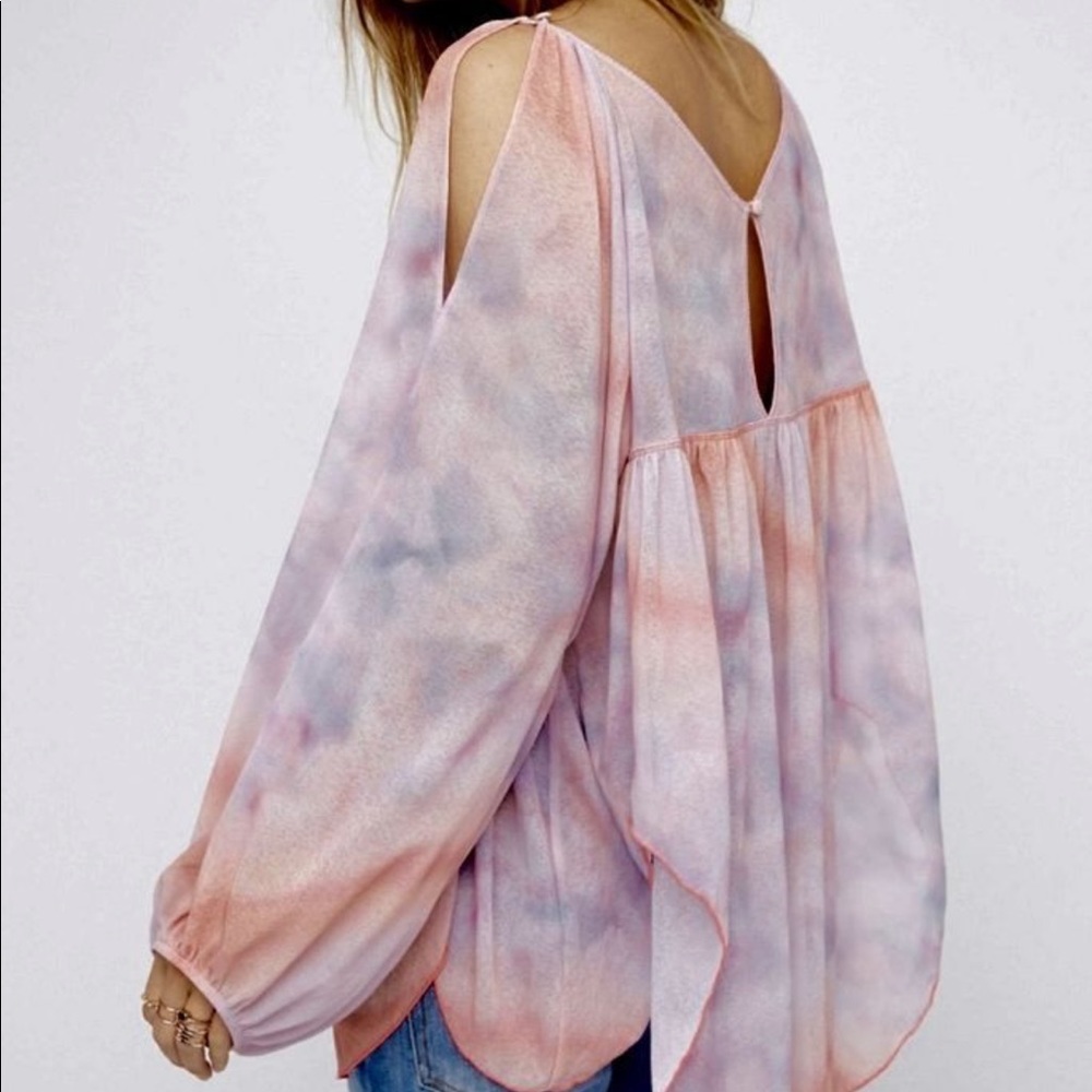 Free People Pink Lavender Tie-Dye Cold-Shoulder Peasant Blouse
